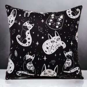 Pillow Cover Celestial Cat Moon Stars Black White Large Square 17.7 in